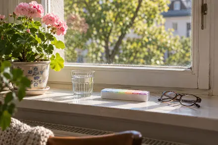 Fensterbank mit Tablettendose, Wasserglas und Lesebrille
